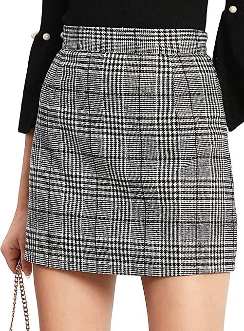 BerryGo Womens High Waist Plaid Mini Skirt Tweed A Line Bodycon Short Skirt 