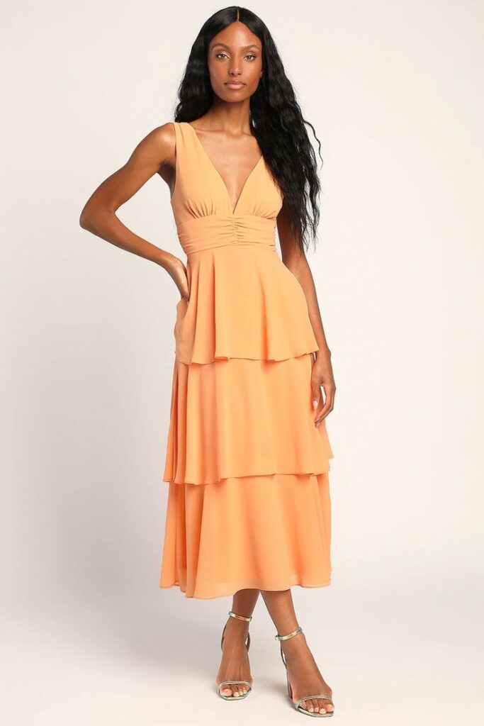 orange dress - wedding guest dresses outfit ideas