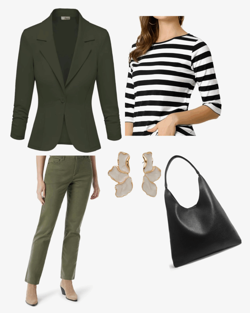Black And White Striped Shirt Outfit with olive green jacket