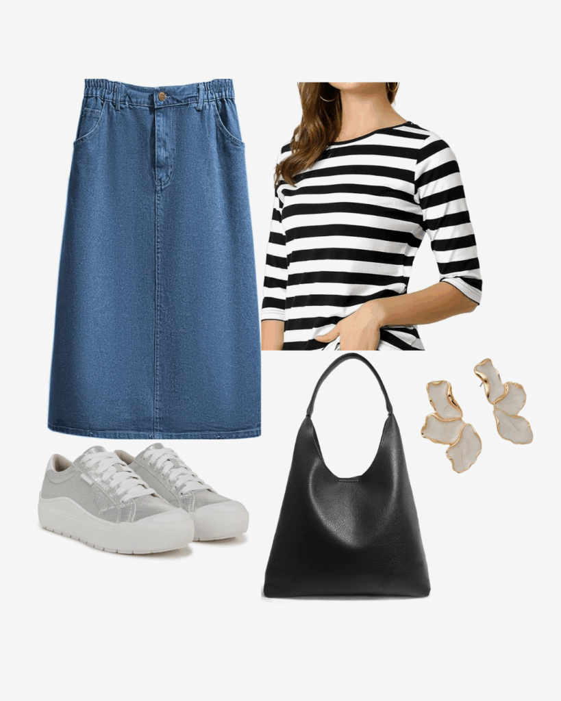 Black And White Striped Shirt Outfit with skirt