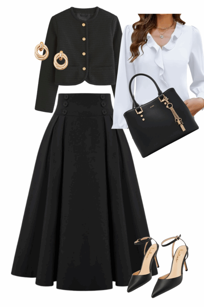 cropped jacket with skirt and blouse in fall capsule wardrobe