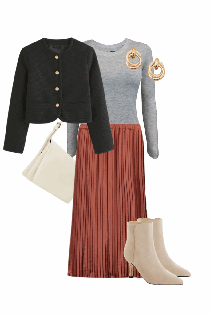 gray tee with skirt and jacket in fall capsule wardrobe