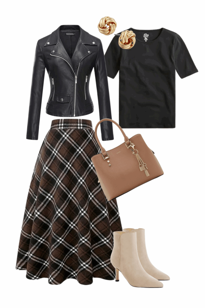 leather jacket with plaid skirt in fall capsule wardrobe