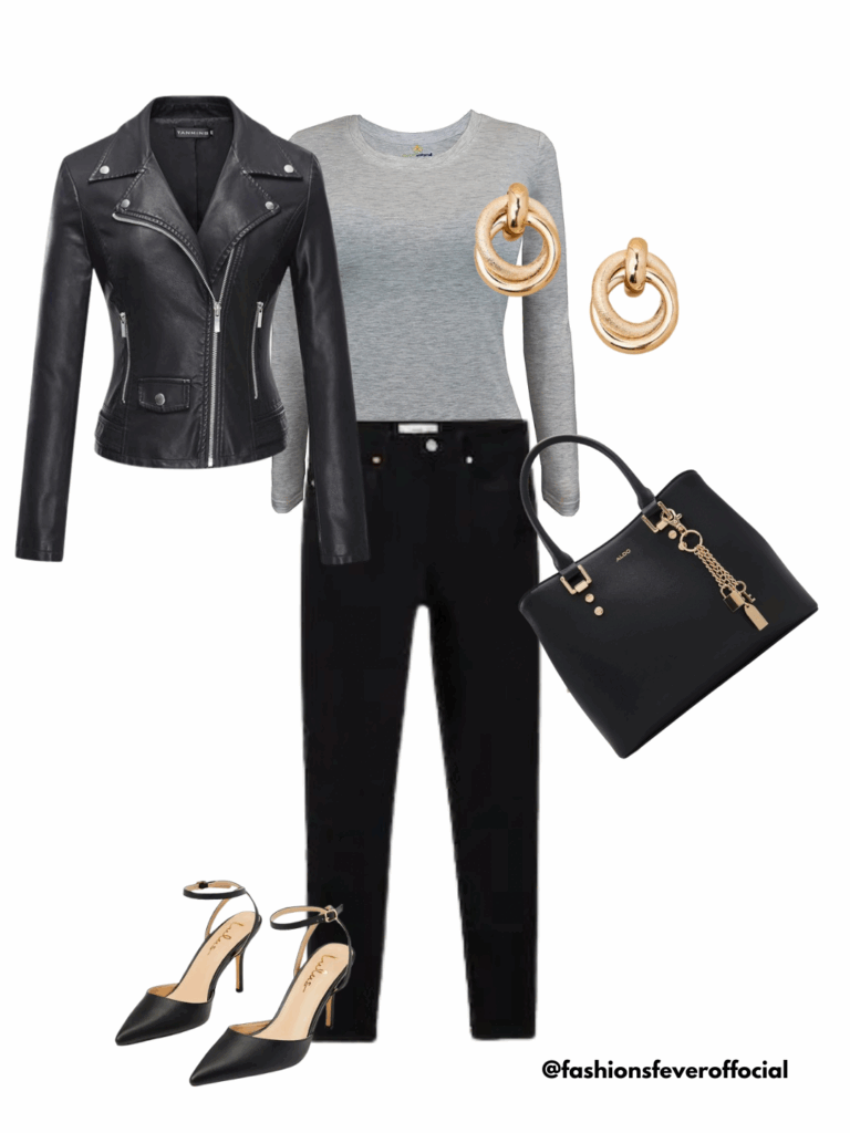 eather jacket with tee and black jeans in fall capsule wardrobe