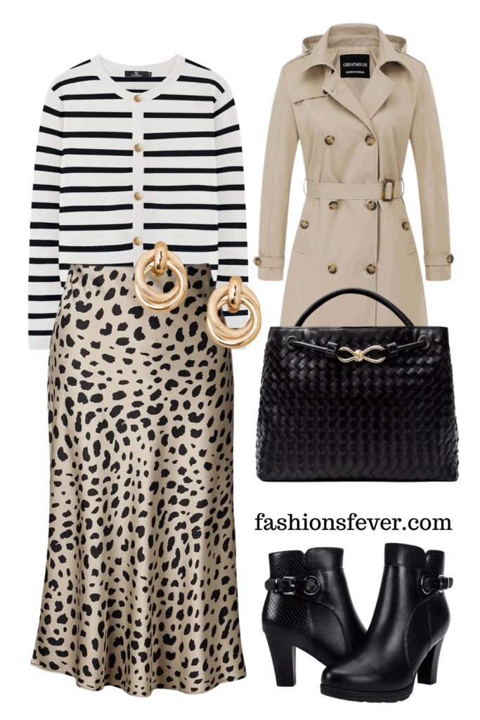 striped shirt with leopard print skirt in fall/winter outfits