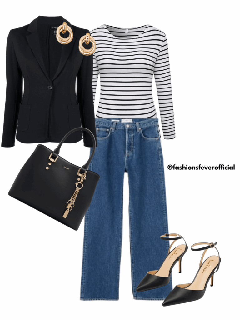 striped tee, blazer and jeans in fall capsule wardrobe