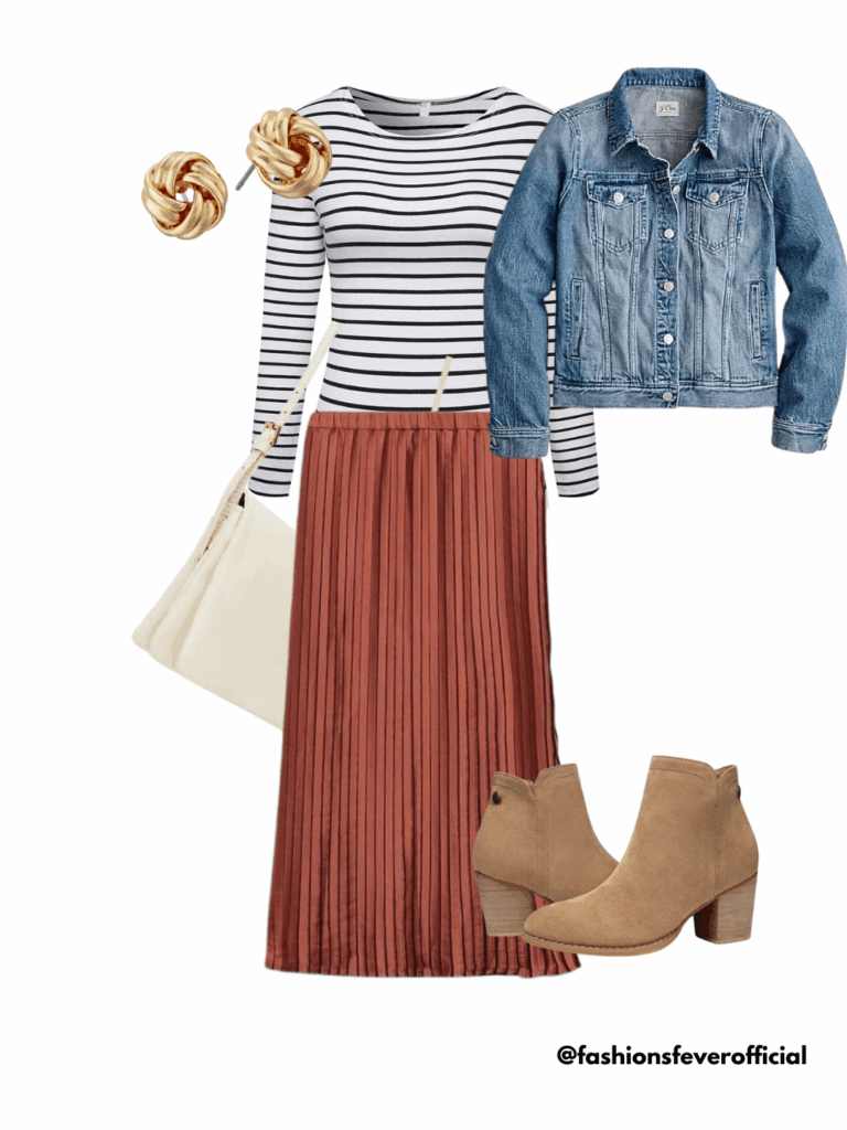 striped tee with pleated skirt in fall capsule wardrobe