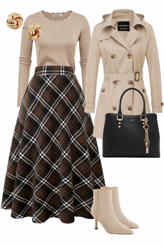 sweater top with plaid skirt in fall capsule wardrobe