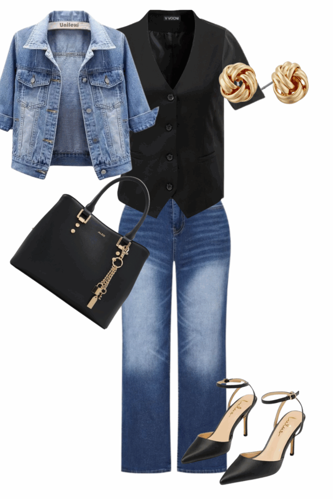 tee, vest with jeans in fall capsule wardrobe