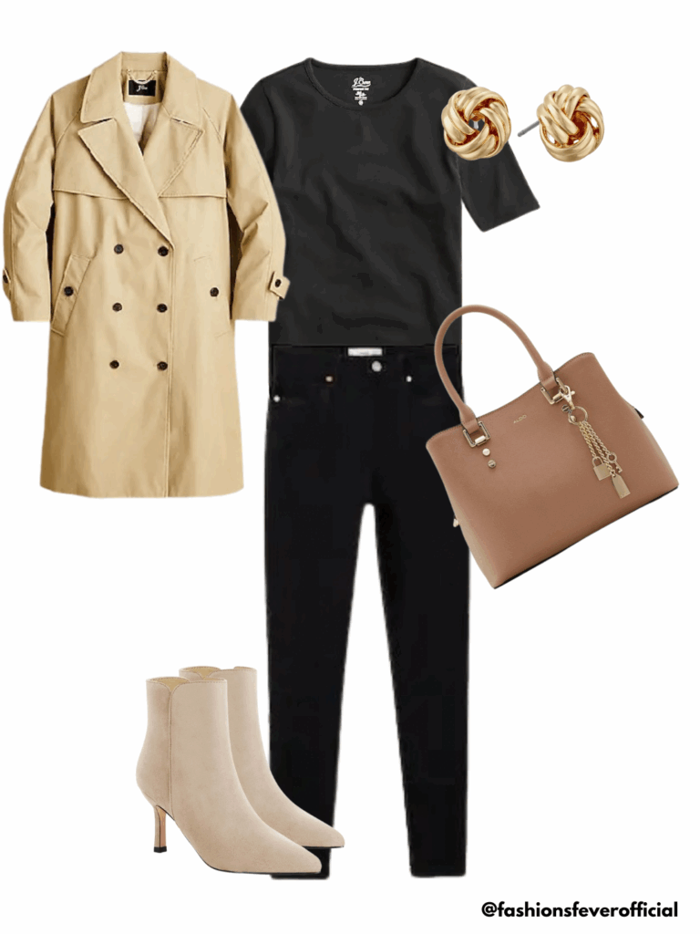 trench coat with tee and black jeans in fall capsule wardrobe
