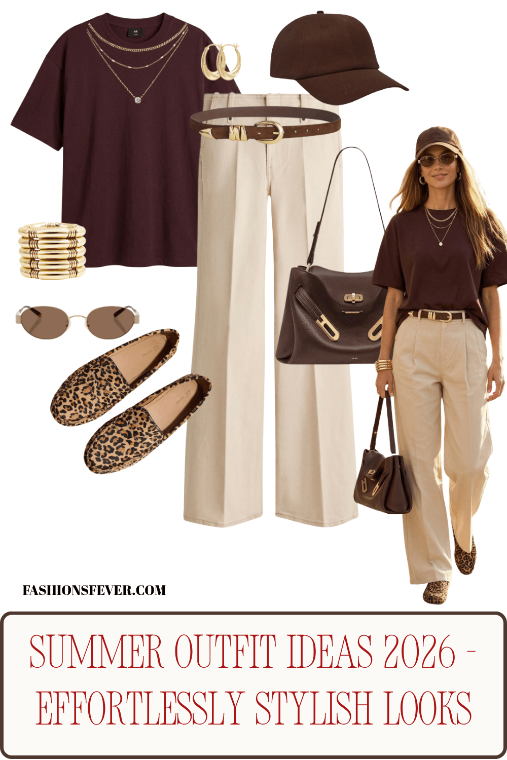 Burgundy tee cream wide leg trousers leopard loafers summer outfit idea