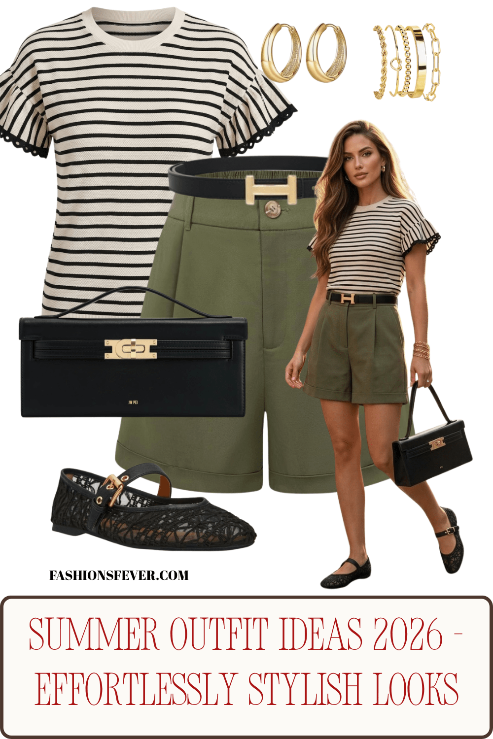 Striped ruffle sleeve tee olive bermuda shorts summer outfit idea