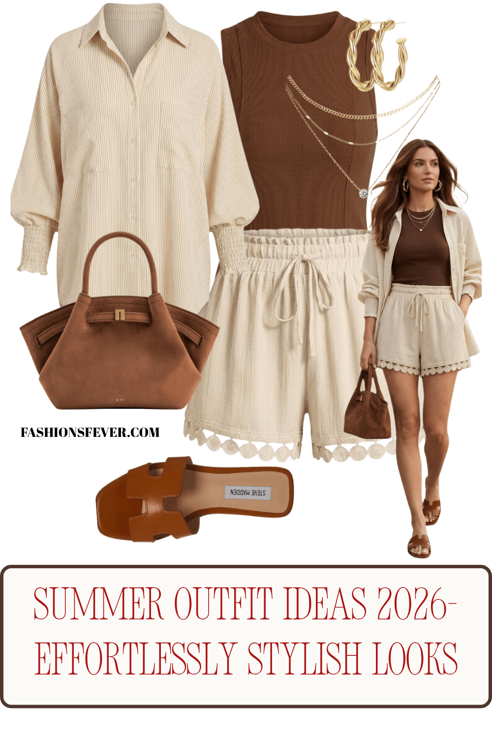 Brown ribbed tank cream linen shorts oversized pinstripe shirt summer outfit idea
