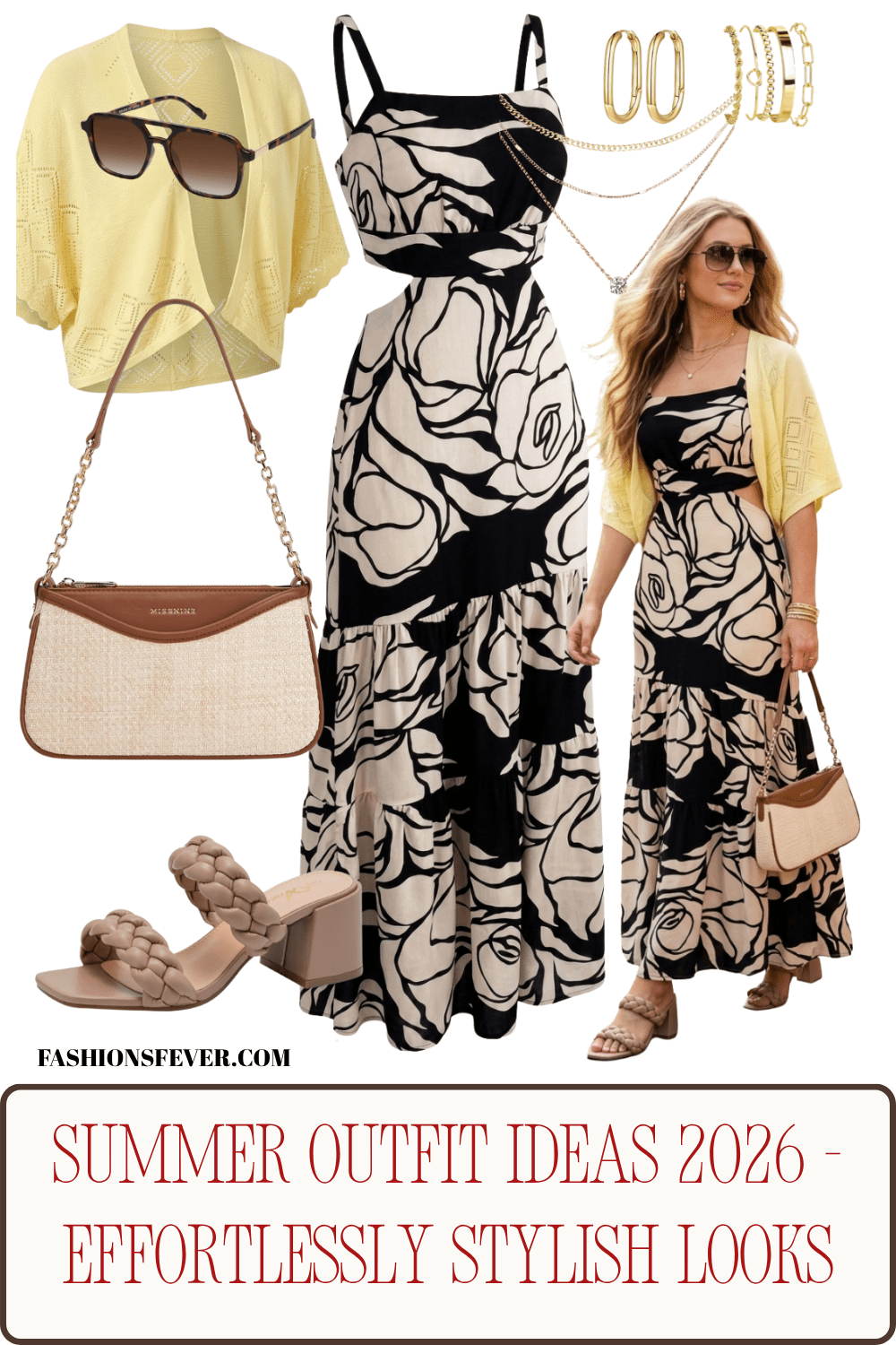 Bold black cream floral maxi dress yellow cardigan summer outfit idea