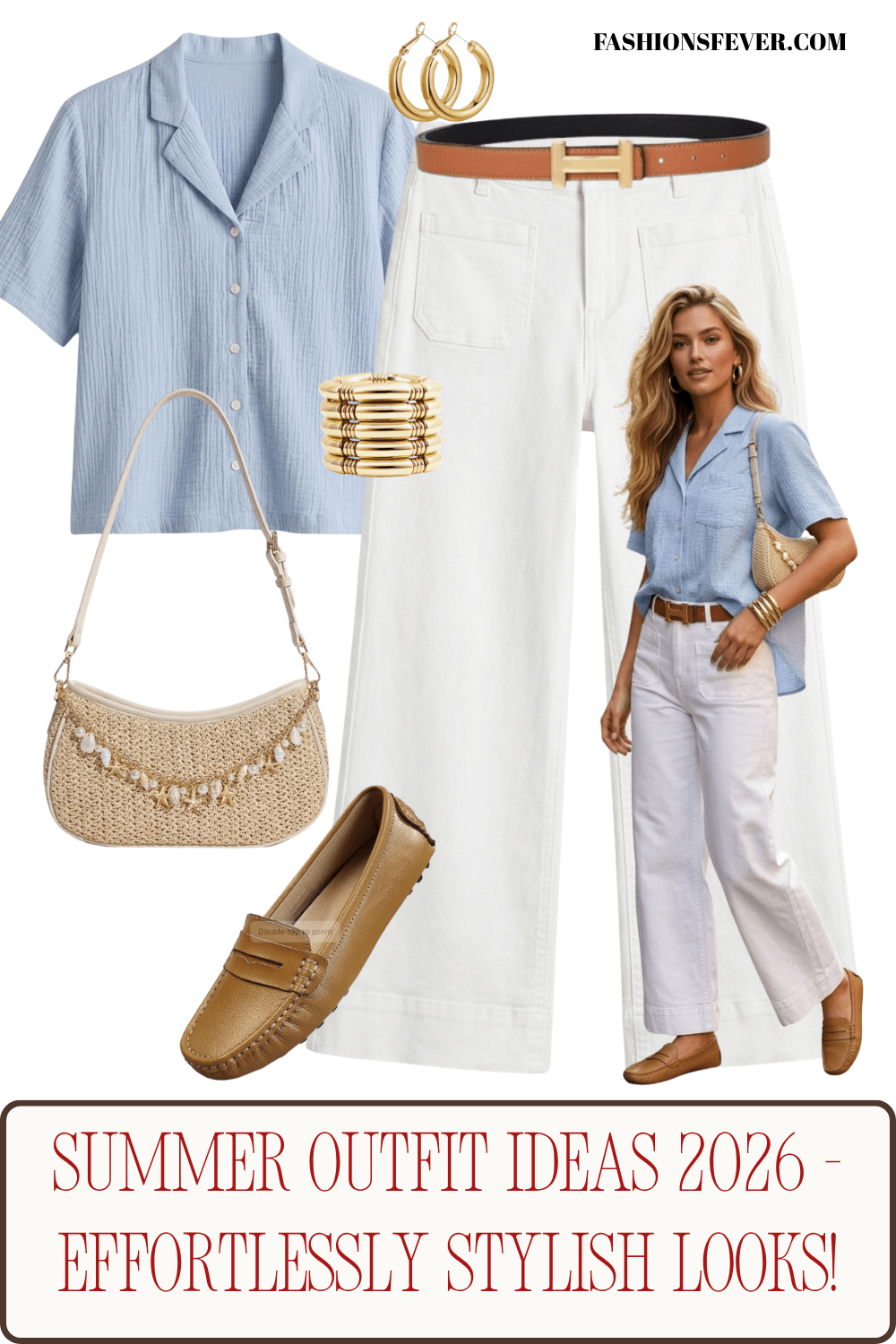 Light blue linen camp shirt white wide leg trousers summer outfit idea