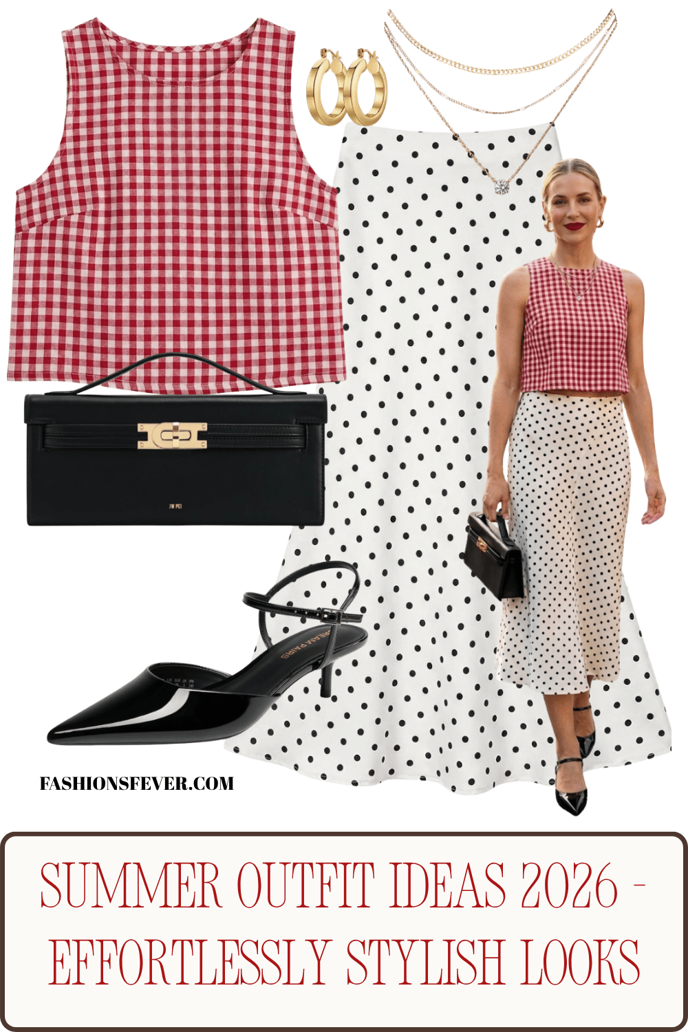 Red gingham crop top polka dot midi skirt summer outfit idea