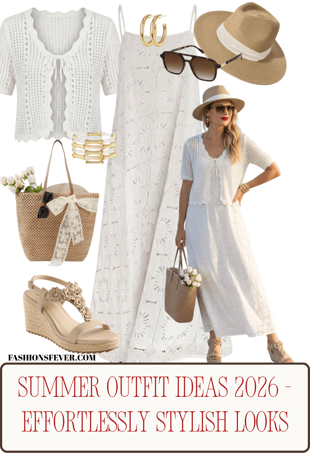 All white eyelet maxi dress crochet cardigan summer outfit idea