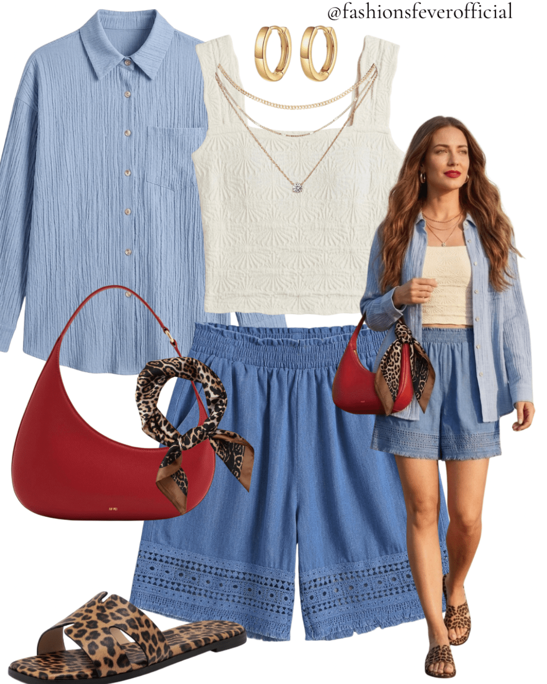 Blue gauze oversized button down shirt layered over white textured crop top with chambray eyelet shorts red shoulder bag and leopard sandals