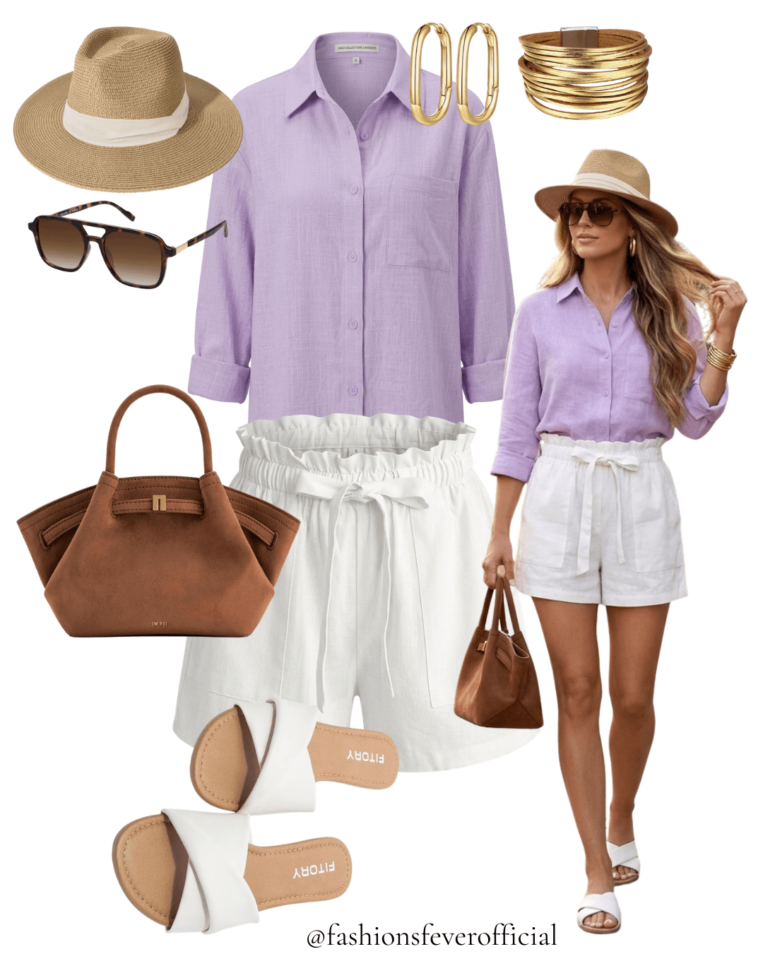 Lavender linen button down shirt with white paperbag tie waist shorts tan structured tote bag and straw fedora hat
