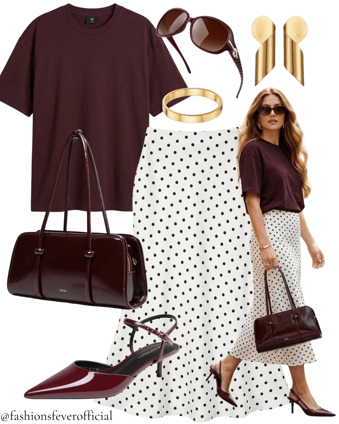 Burgundy oversized H&M tee half-tucked into white black polka dot satin midi skirt with burgundy patent slingbacks and barrel bag