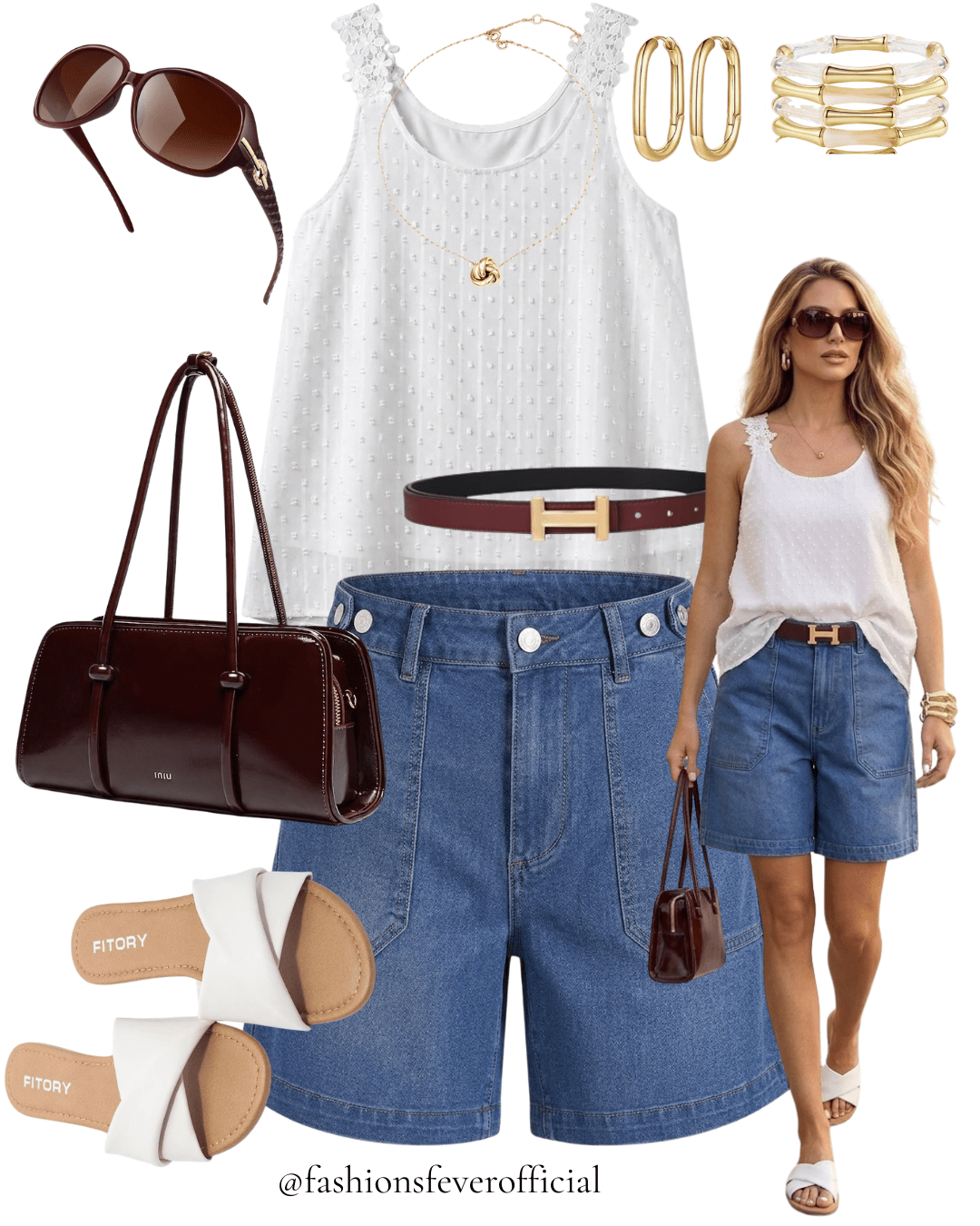 White swiss dot eyelet lace strap sleeveless top with high waist denim bermuda shorts burgundy H-buckle belt white slide sandals and bag