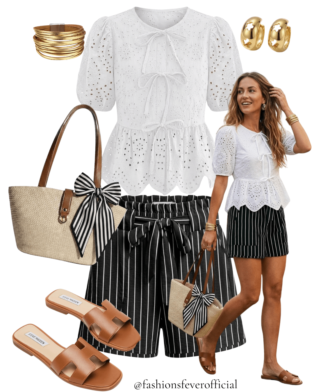 White eyelet tie front puff sleeve peplum blouse with black white pinstripe paperbag shorts woven straw tote bow and Steve Madden tan sandals