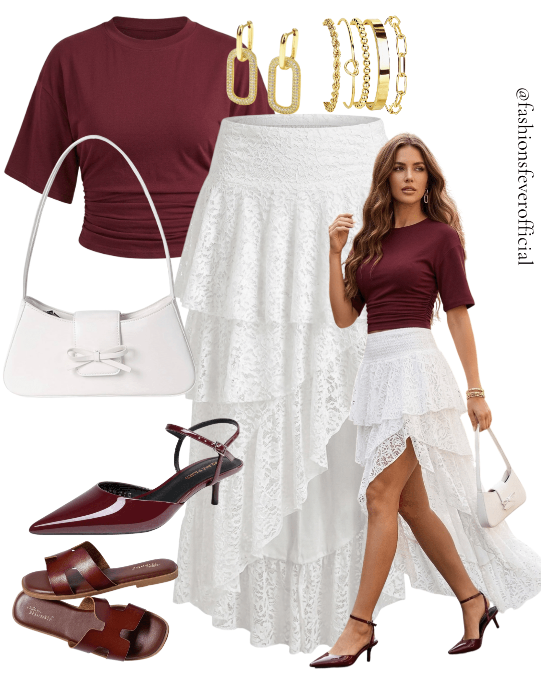 Burgundy ruched crop top with white lace tiered high-low maxi skirt outfit idea for summer 2026