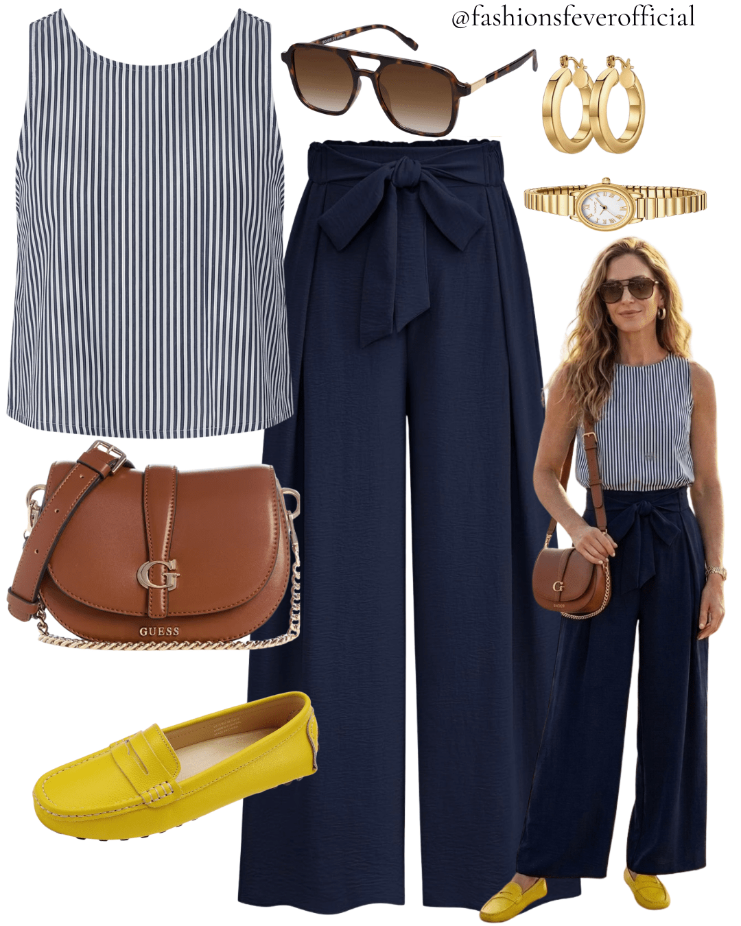 Navy pinstripe tank top with wide leg tie waist navy trousers yellow loafers and Guess cognac crossbody
