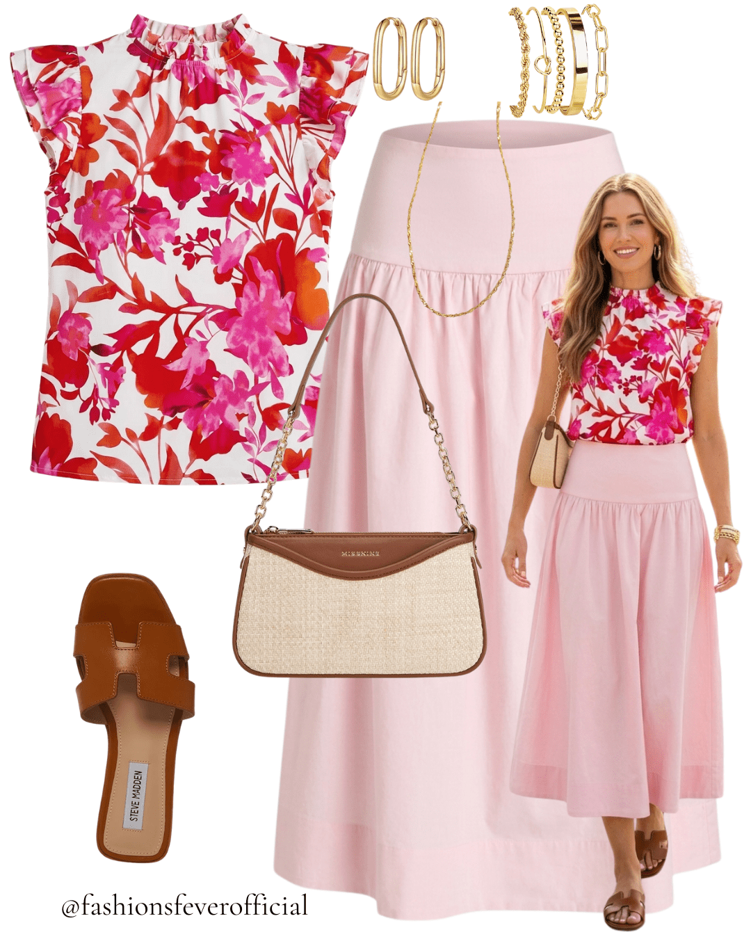 Hot pink red floral ruffle cap sleeve blouse with blush pink gathered midi skirt and Steve Madden tan H sandals