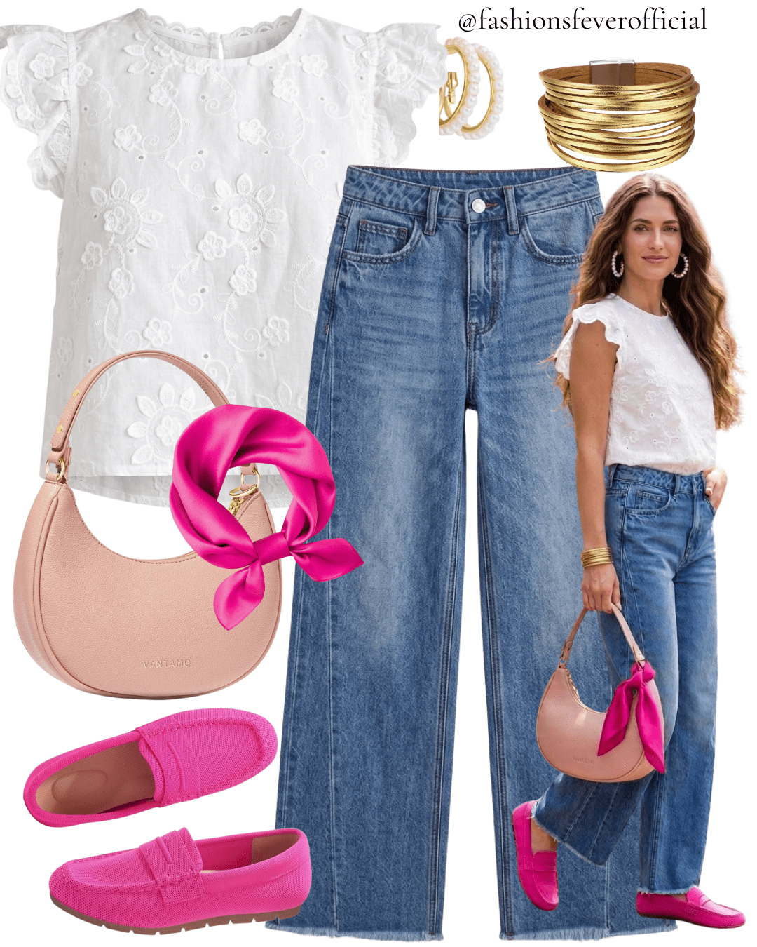 White floral eyelet ruffle cap sleeve blouse with high waist wide leg raw hem jeans fuchsia pink loafers blush crescent bag and hot pink satin scarf