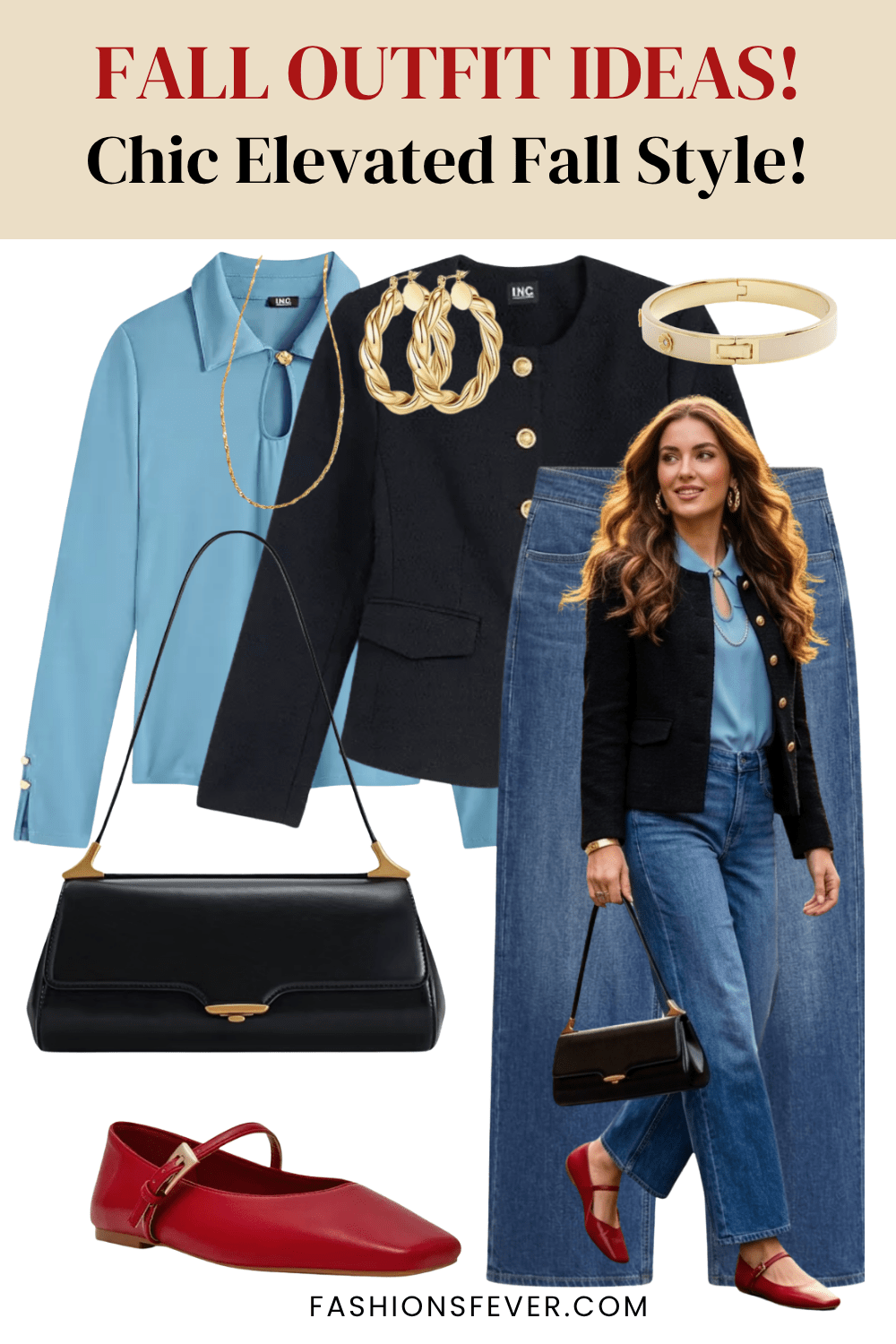 Black tweed blazer with blue top and wide leg jeans fall outfit
