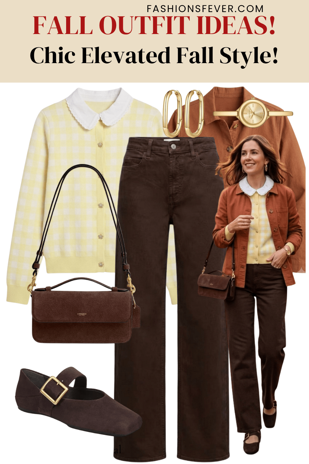Yellow gingham cardigan with brown jeans and rust jacket fall outfit