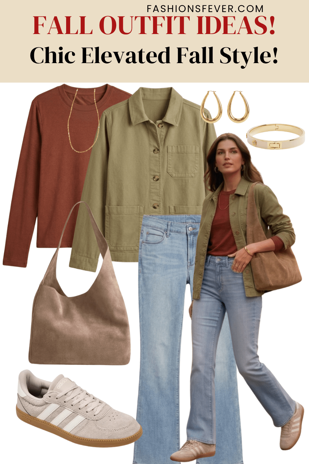 Olive utility jacket with rust top and flare jeans casual fall outfit
