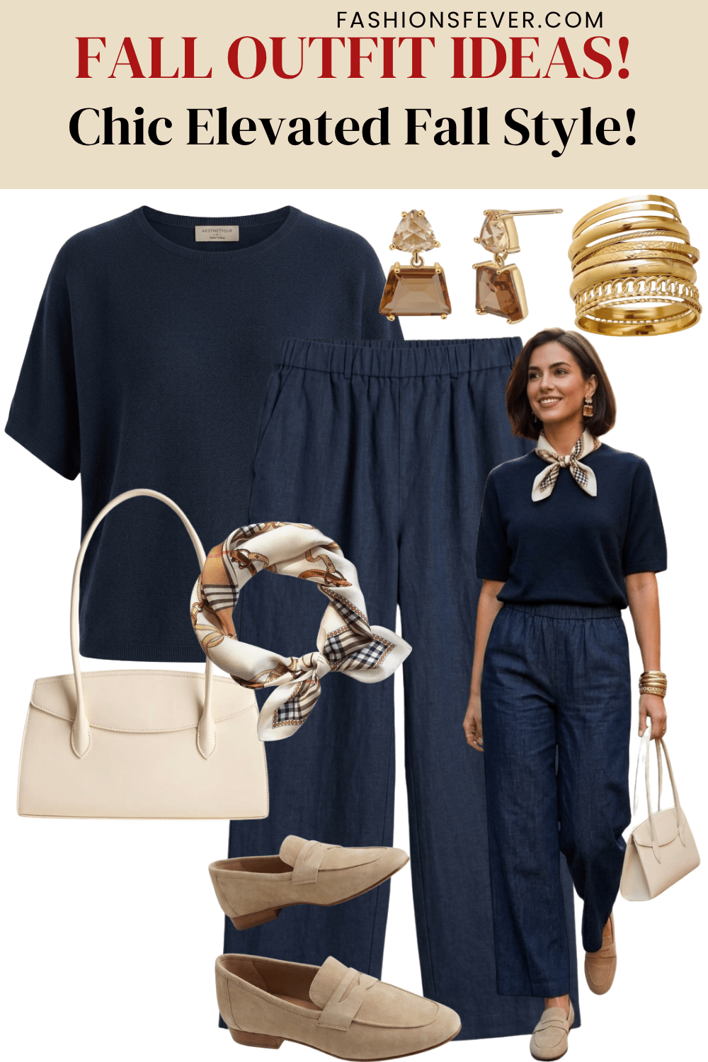Navy sweater and linen pants fall work outfit with gold jewelry