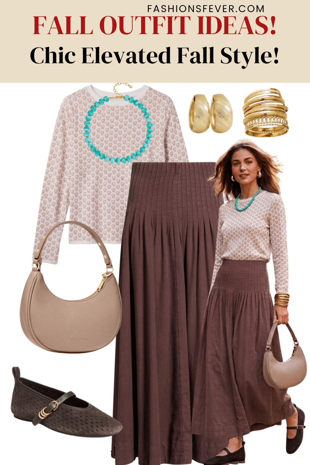 Brown pleated maxi skirt outfit with printed sweater and turquoise necklace