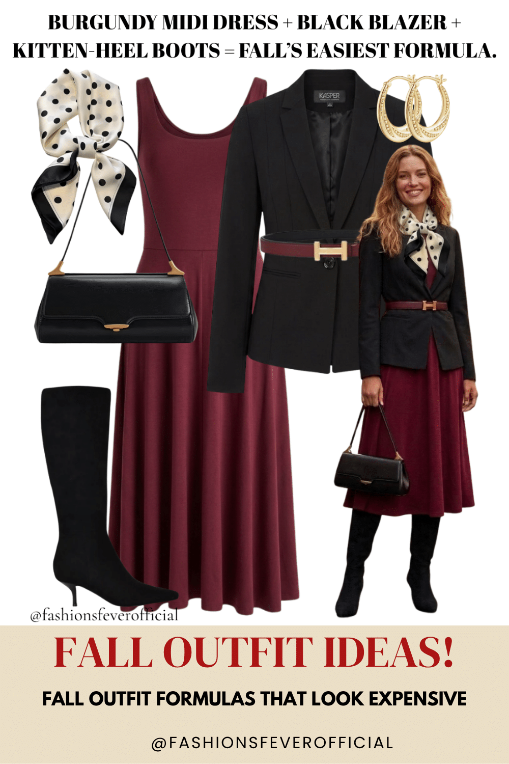 Fall work outfit with jersey midi dress, black blazer, belt, heeled boots and gold hoops