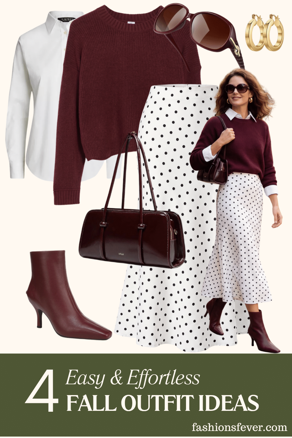Fall outfit with polka dot satin midi skirt, burgundy crewneck sweater, white button-down shirt and burgundy ankle boots