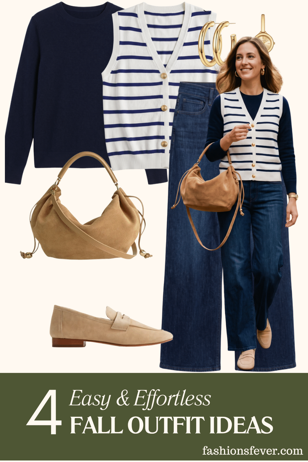 Fall outfit with striped sweater vest over navy crewneck sweater, dark wide-leg jeans, suede shoulder bag and suede loafers