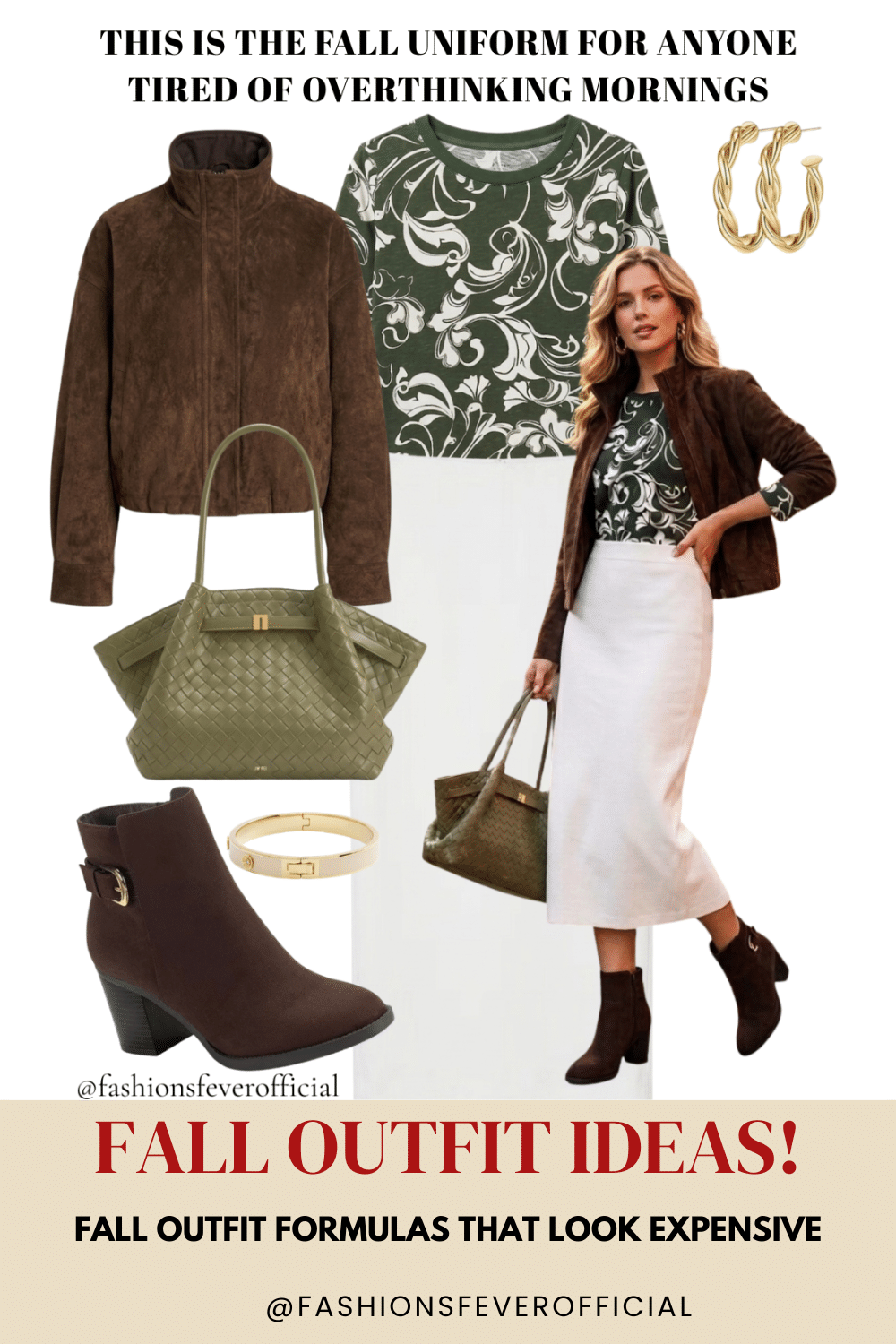 Fall outfit with faux suede jacket, long sleeve top, ivory column midi skirt, booties and olive woven tote