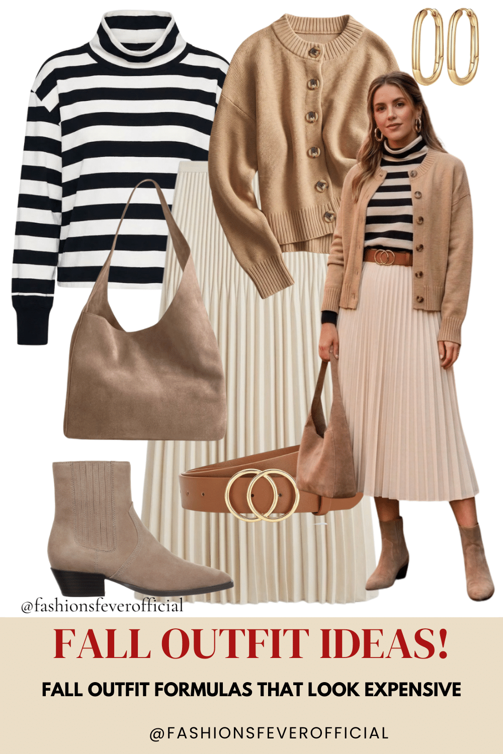 Fall winter outfit with turtleneck, cropped cardigan, pleated midi skirt, suede booties and gold hoops