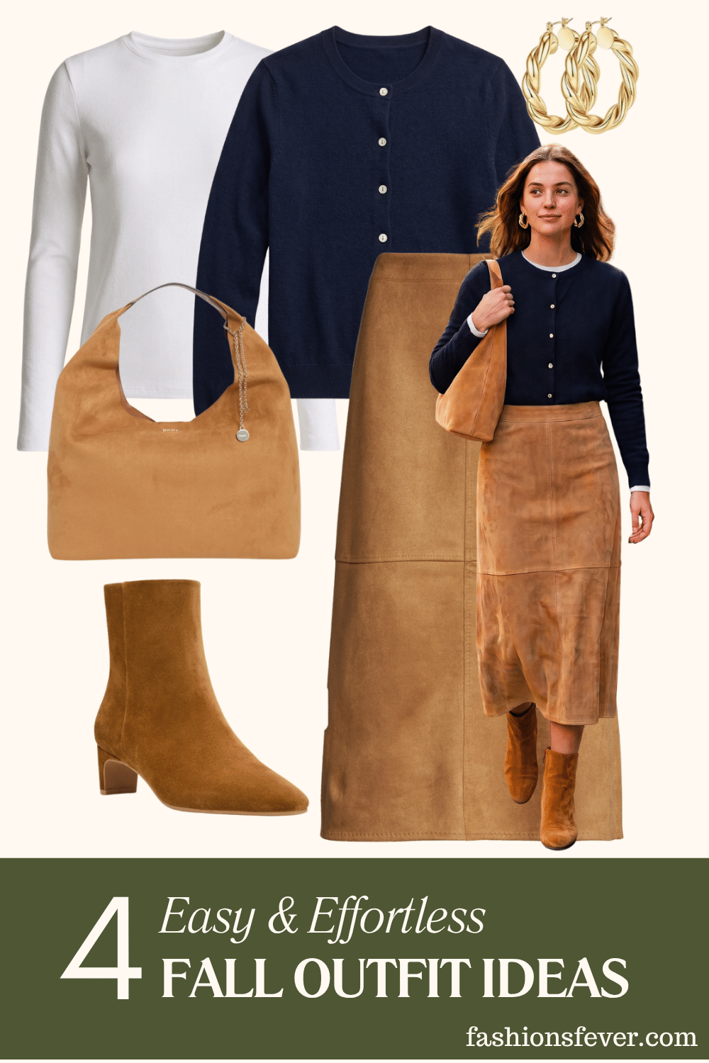 Fall outfit with camel suede midi skirt, navy cashmere cardigan, white long sleeve tee and cognac suede ankle boots