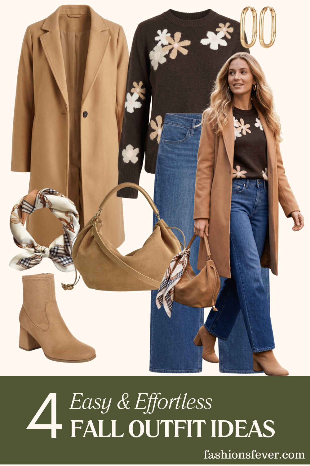 Fall outfit with camel wool coat, chocolate floral sweater, wide-leg jeans, suede hobo bag and camel block heel boots