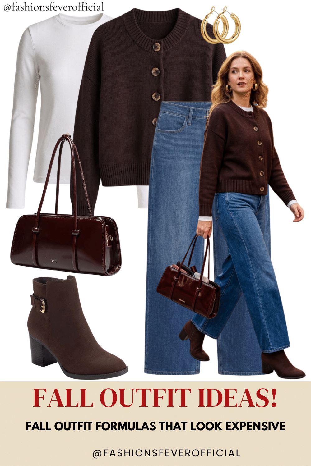 Fall outfit with white tee, cropped cardigan, wide-leg jeans, ankle booties and burgundy bag