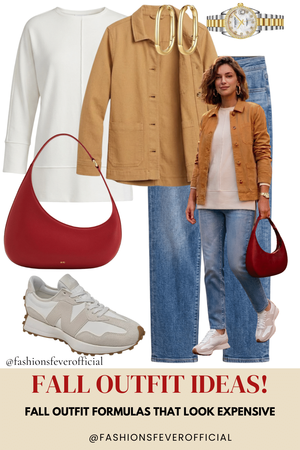 Quiet luxury fall outfit with chore jacket, cream knit top, straight jeans, red shoulder bag and sneakers